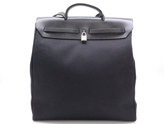 HERMES Toile Officier Air Bag MM Black with Cadena, 2 Keys, Cloche, and 2 Dust Bags, G Stamp, 2003 Tote Bag