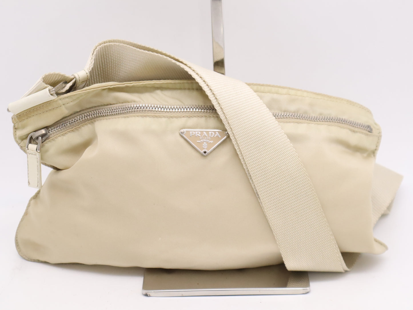 PRADA Nylon Triangle Logo Shoulder Bag, Beige, with Silver Hardware