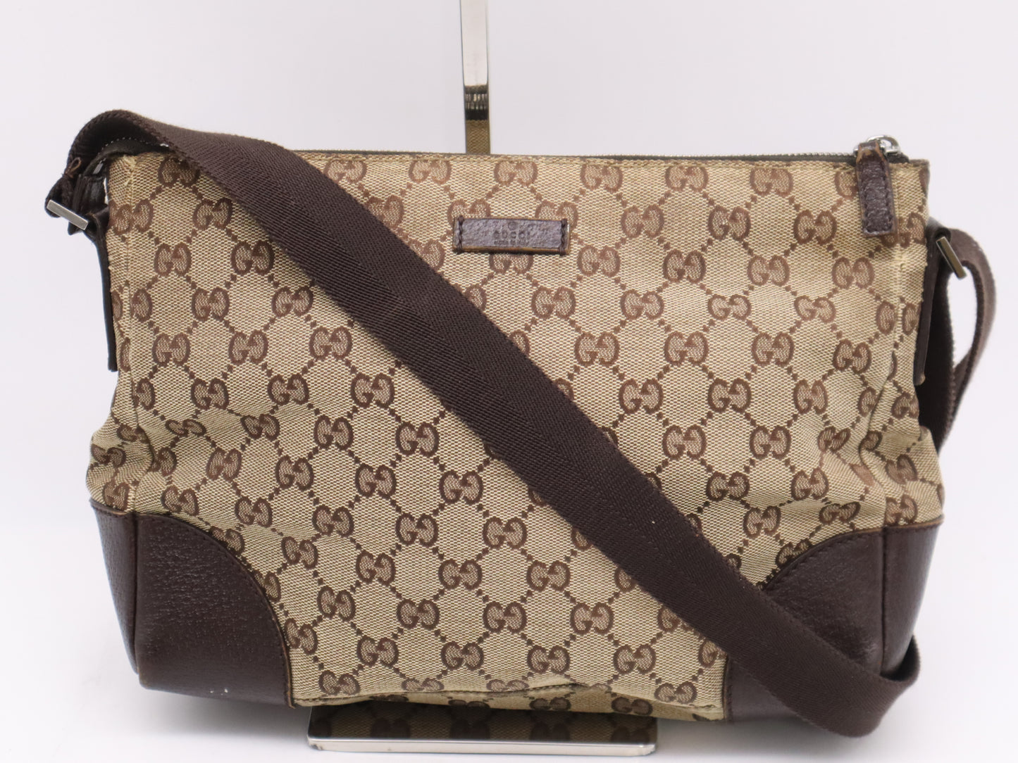 GUCCI 114273 Canvas/Leather GG Canvas Shoulder Bag Beige Dark Brown Shoulder Bag