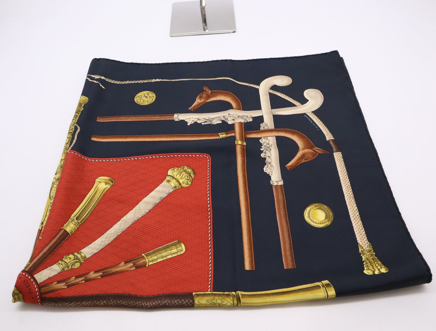 HERMES Silk Carré 90 Cannes Pommeaux Black Walking Stick Pattern Scarf