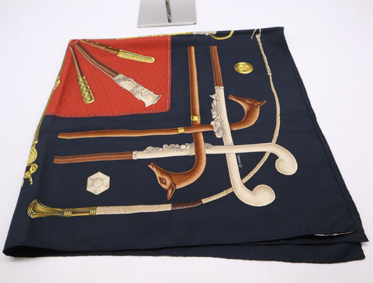 HERMES Silk Carré 90 Cannes Pommeaux Black Walking Stick Pattern Scarf