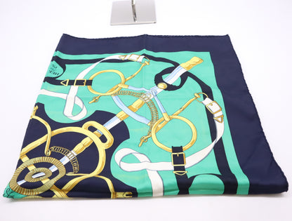 HERMES Silk Carré 90 Apron d'Or Golden Spur Green Navy Scarf
