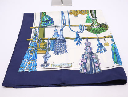 HERMES Silk Carré 90 Passementerie Tassel Pattern Navy White Scarf