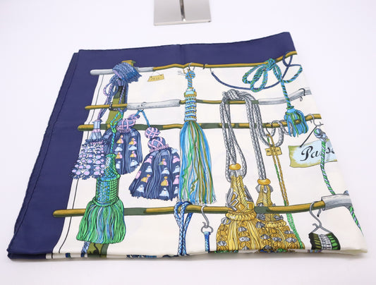 HERMES Silk Carré 90 Passementerie Tassel Pattern Navy White Scarf