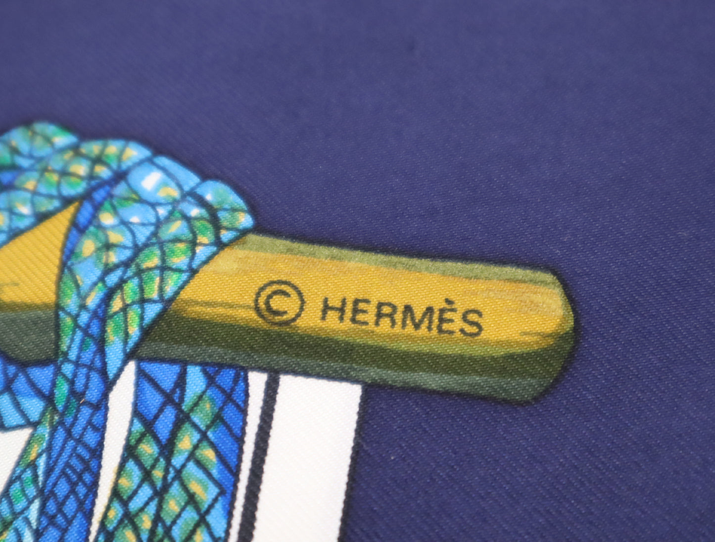 HERMES Silk Carré 90 Passementerie Tassel Pattern Navy White Scarf