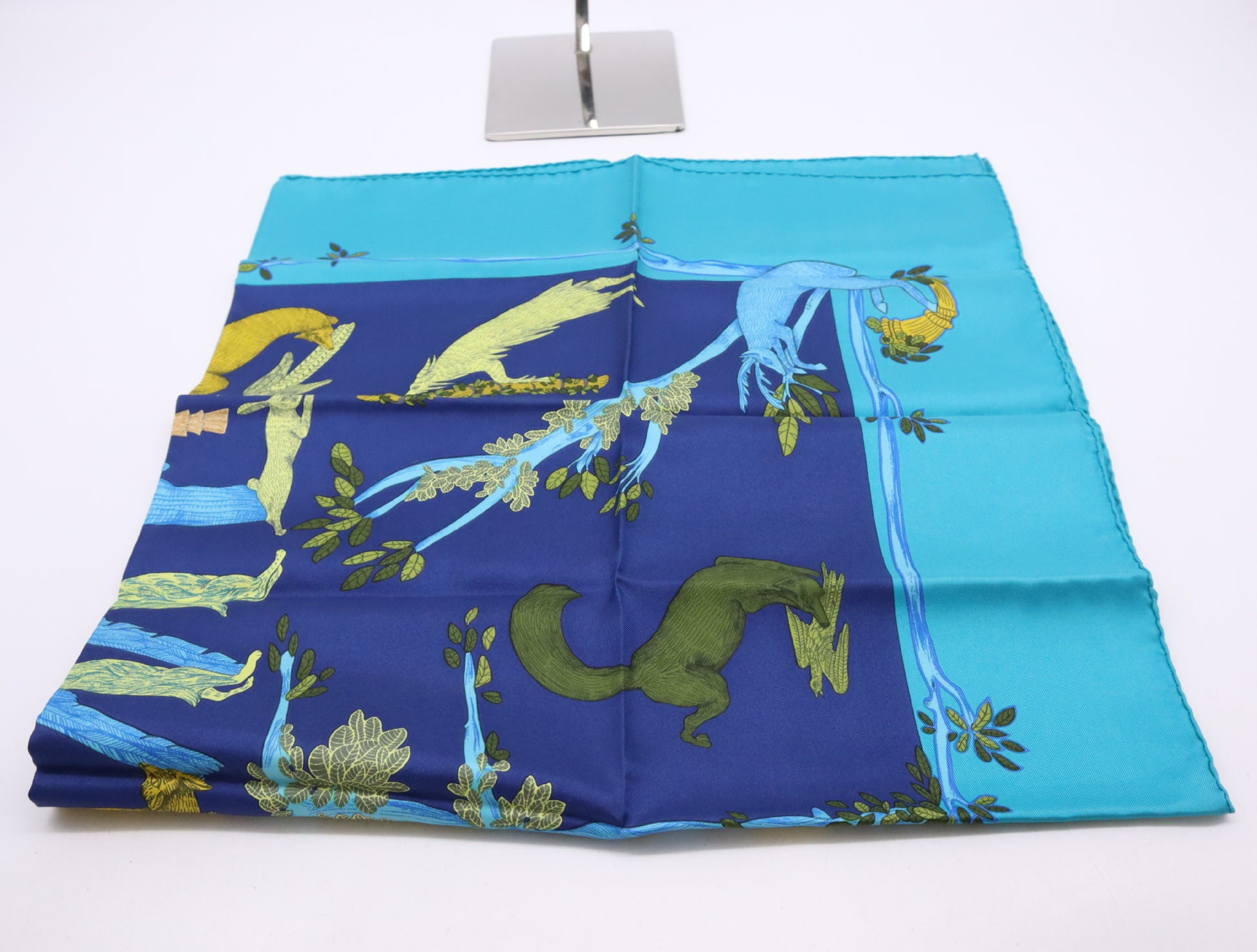 HERMES Silk Carré 90 Animal Alphabet Scarf in Navy and Turquoise Blue