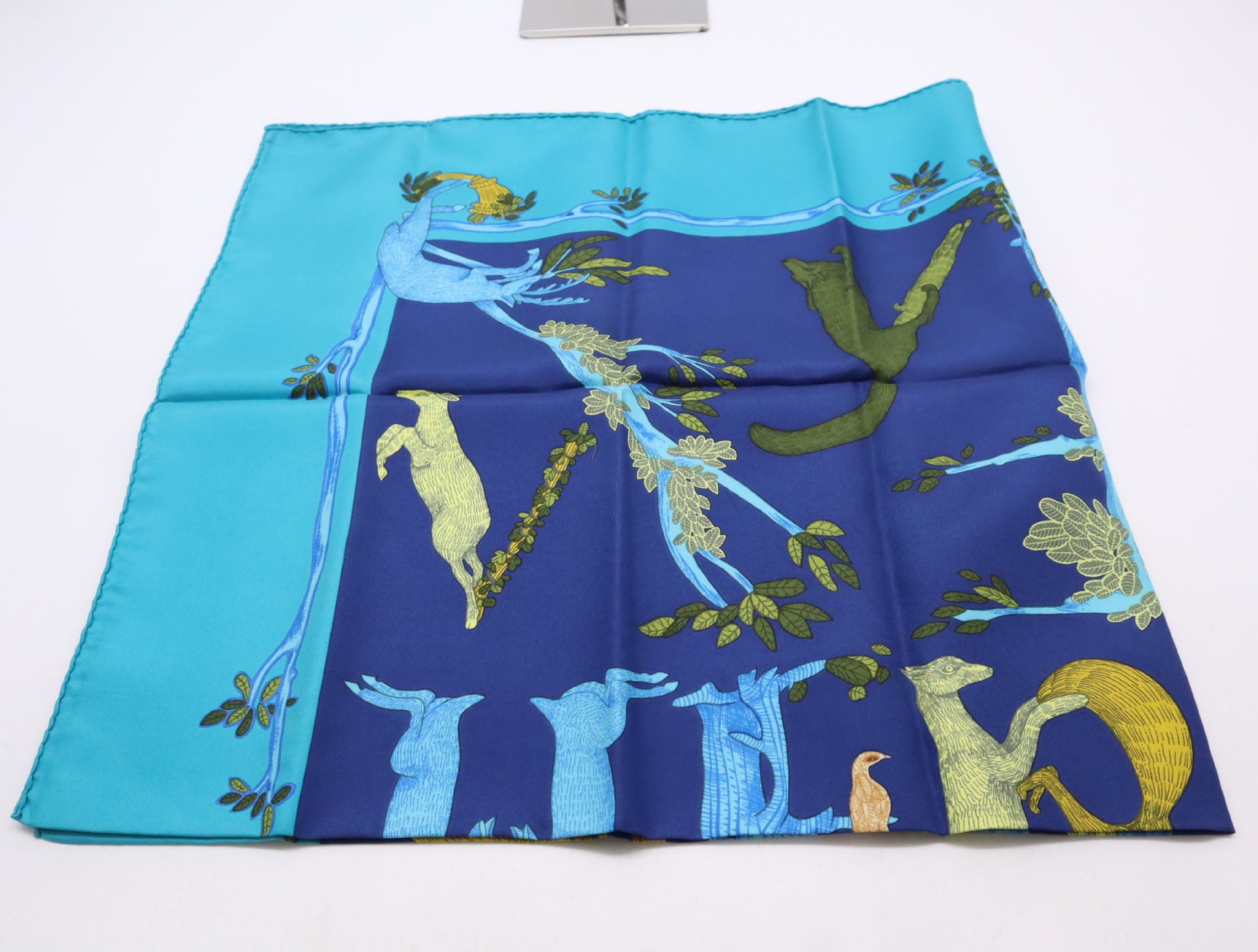 HERMES Silk Carré 90 Animal Alphabet Scarf in Navy and Turquoise Blue