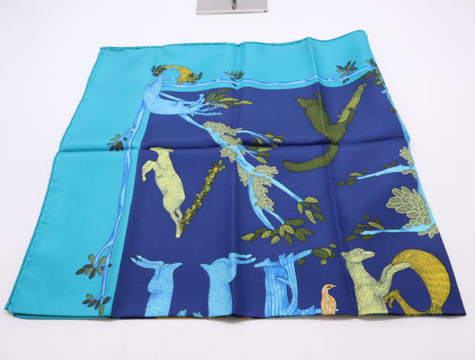 HERMES Silk Carré 90 Animal Alphabet Scarf in Navy and Turquoise Blue
