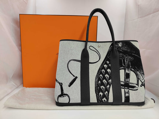 HERMES Garden Party Voyage 49 Tote Bag, K Stamp, Leather, Canvas, Gray, Black, Box and Dust Bag Included, Retail Price: ¥944,900