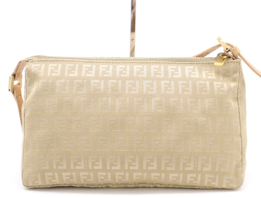 FENDI Canvas/Leather Zucchino Accessory Pouch, Beige, GD Hardware, Handbag