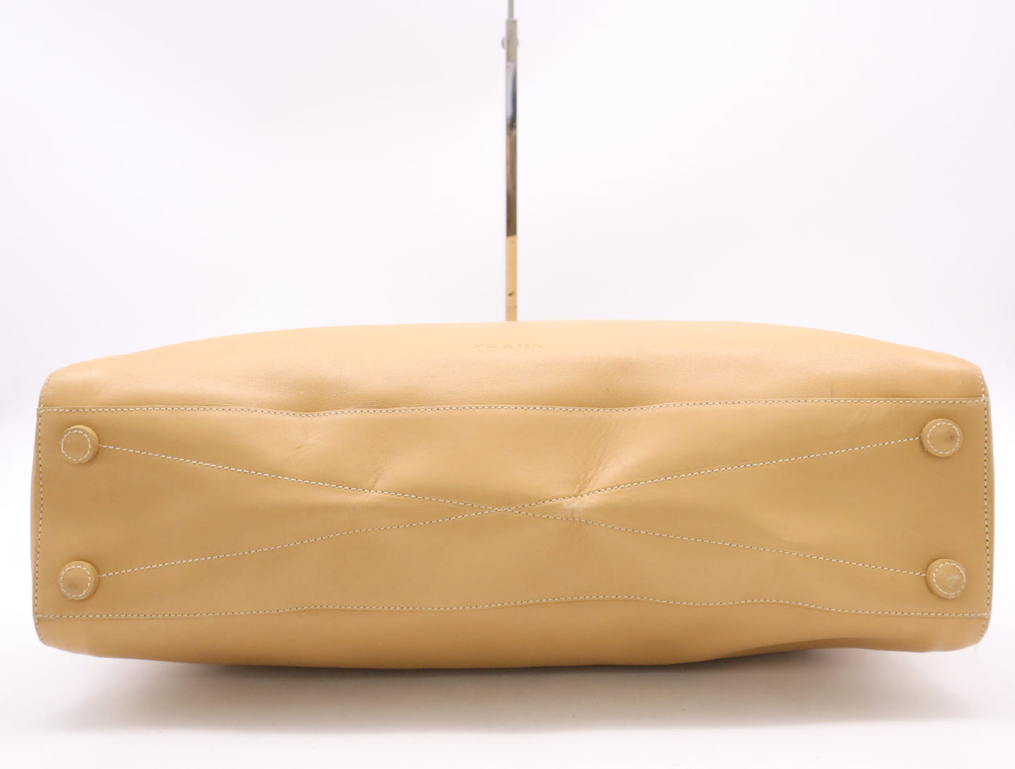 PRADA Leather Handbag with Padlock, Two Keys, and Clochet, Beige, Silver Hardware