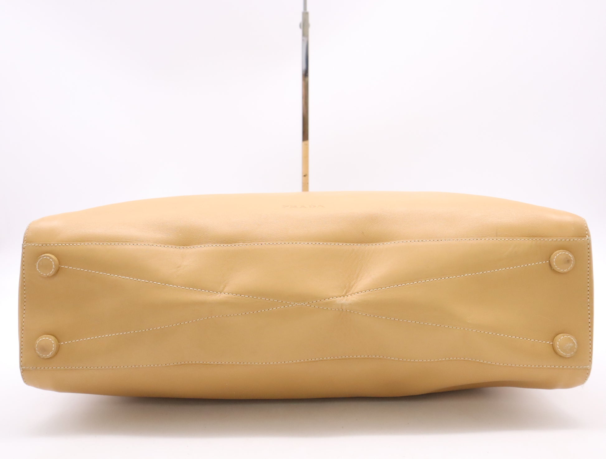 PRADA Leather Handbag with Padlock, Two Keys, and Clochet, Beige, Silver Hardware