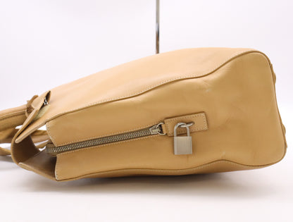 PRADA Leather Handbag with Padlock, Two Keys, and Clochet, Beige, Silver Hardware