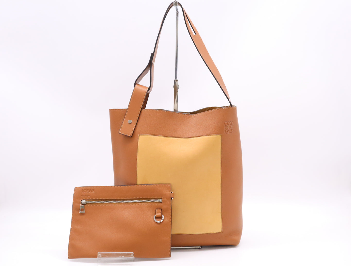 LOEWE Leather Shopper Tote Bag in Brown and Yellow with Sterling Silver Hardware