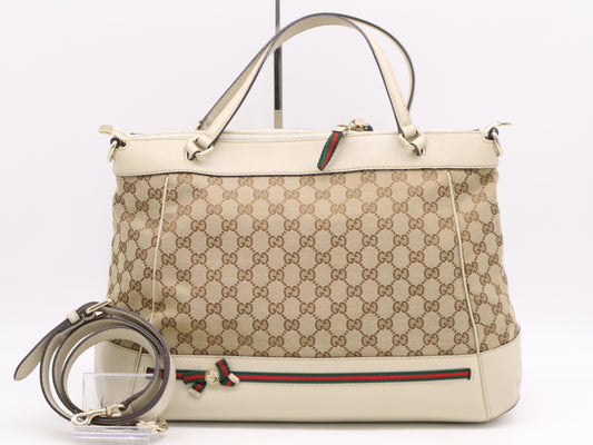GUCCI 257349? Canvas x Leather GG Canvas Sherry Line 2-Way Tote Bag Beige with Shoulder Strap