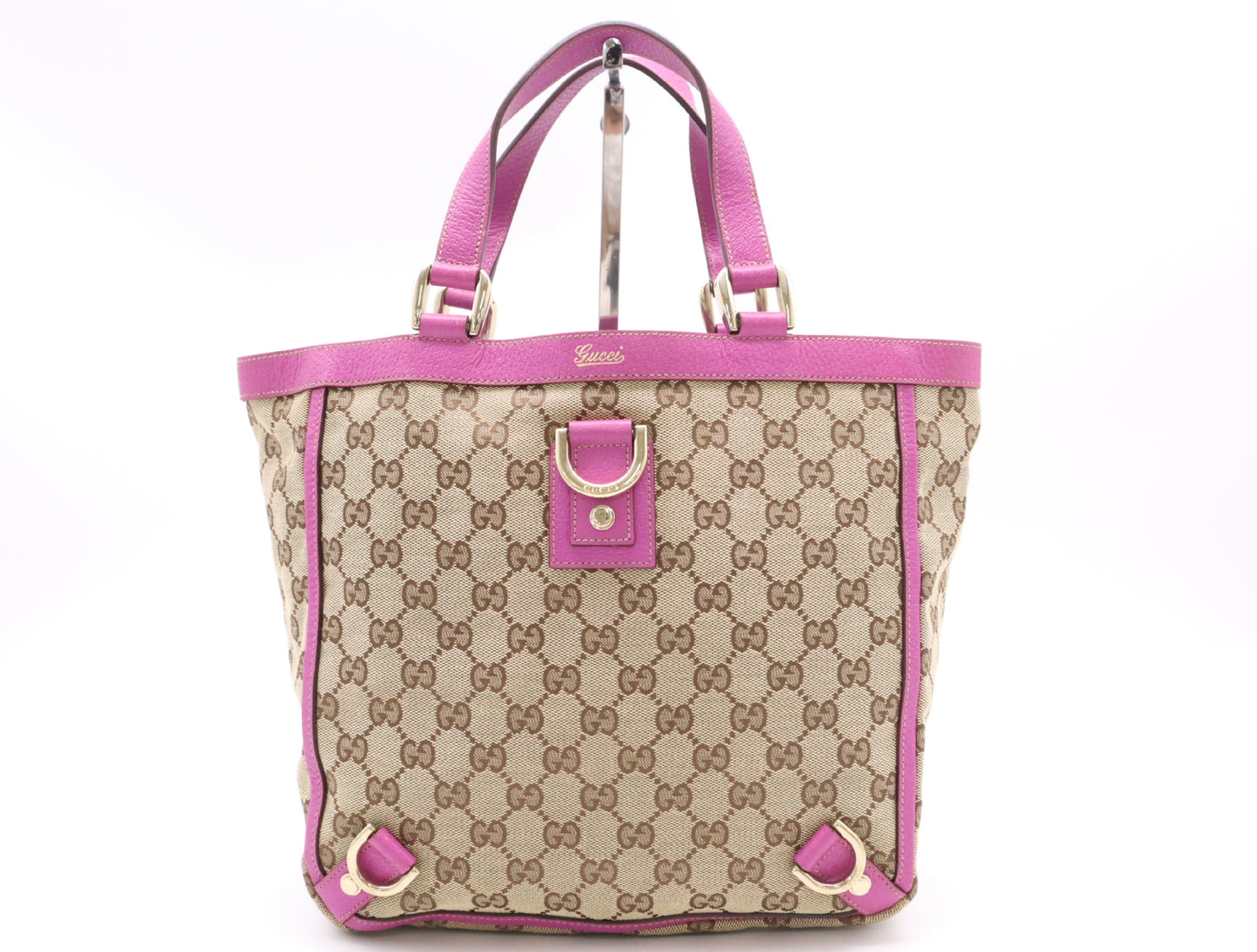 GUCCI 130739 Canvas/Leather GG Canvas Abbey Handbag in Beige and Pink with GD Hardware