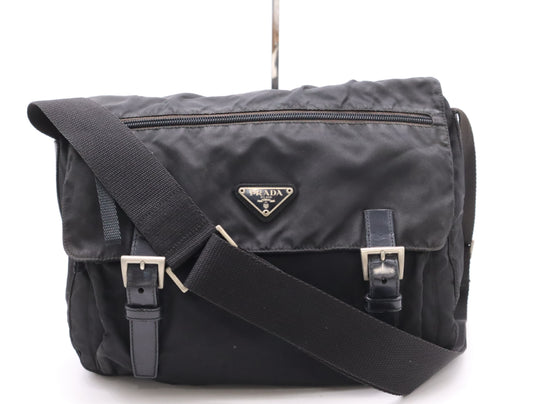 PRADA Nylon and Leather Triangle Logo Messenger Bag, Black, Silver Hardware, Shoulder Bag