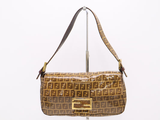 FENDI 33492 Leather and Vinyl Zucchino Mamma Bucket One-Shoulder Bag, Brown, GD Hardware