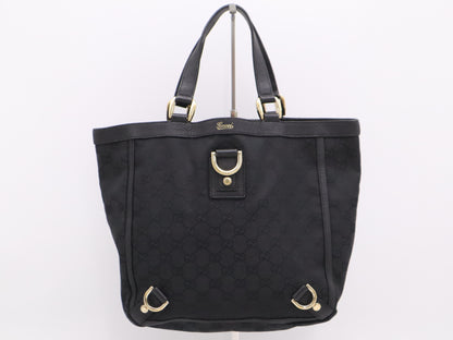 GUCCI 130739 Canvas x Leather GG Canvas Abbey Tote Bag Black Tote Bag