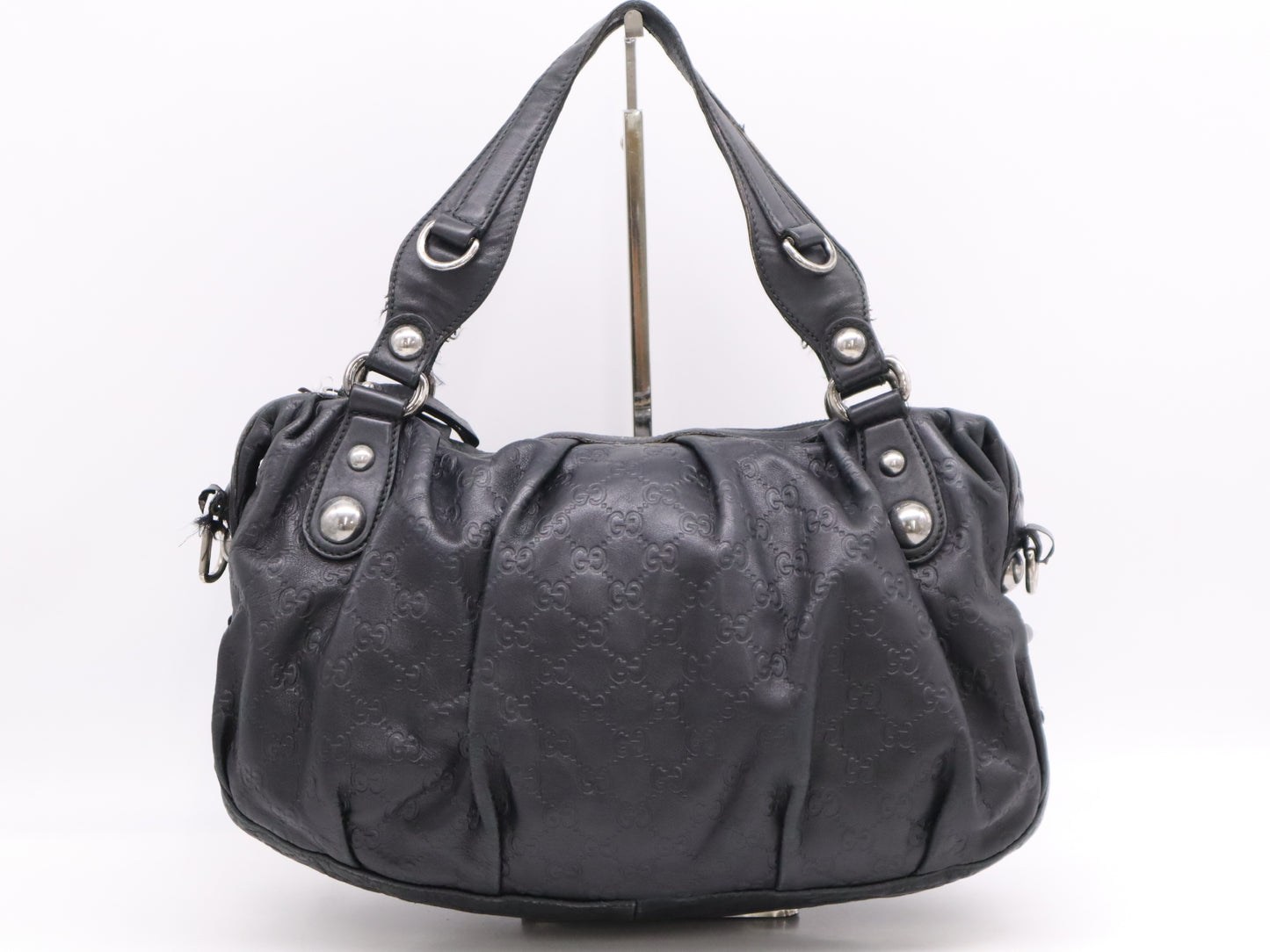GUCCI Leather Guccissima 2-way Handbag in Black with Silver Hardware and Shoulder Strap