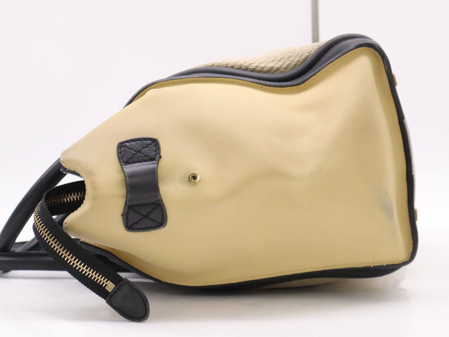 CELINE Leather and Linen Luggage Micro Shopper Handbag in Beige and Black with GD Hardware