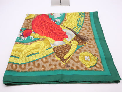 HERMES Silk Carré 90 CASQUES et PLUMETS Faceless Helmet Pattern Green Brown Scarf