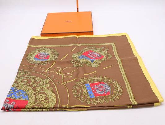 HERMES Silk Carré 90 "Les Armes de Paris" Weapon Pattern, Brown/Yellow, Box Included, Other Accessories