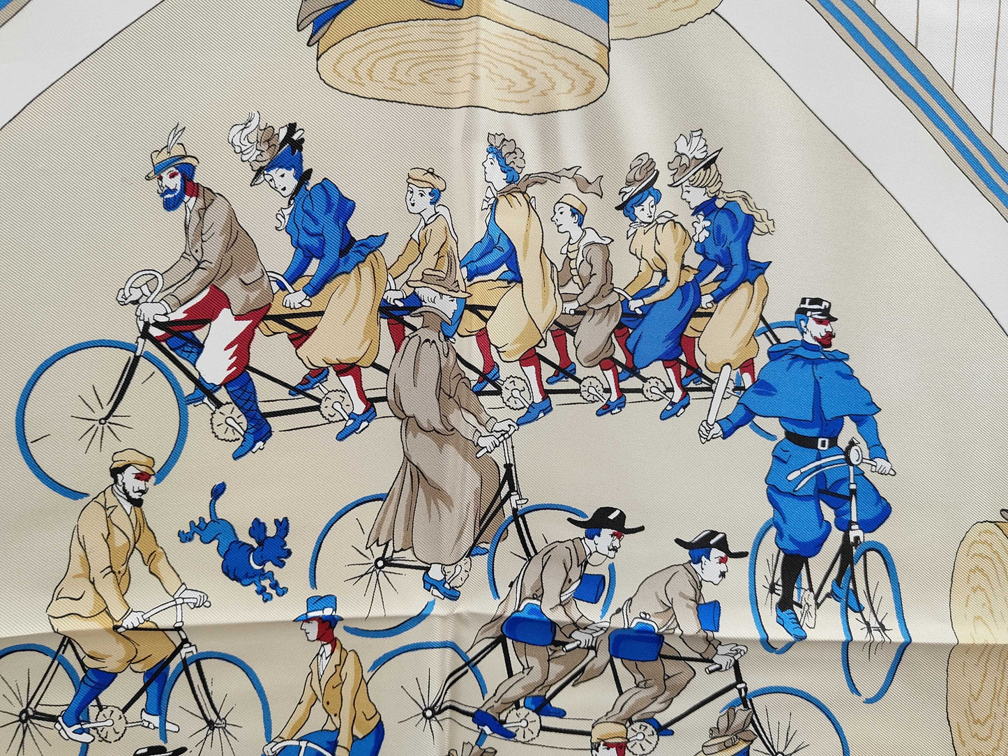 HERMES Silk Carré 90 LES BECANES Bicycle Pattern Scarf in White, Blue, and Red with Gift Wrapping