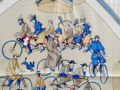 HERMES Silk Carré 90 LES BECANES Bicycle Pattern Scarf in White, Blue, and Red with Gift Wrapping