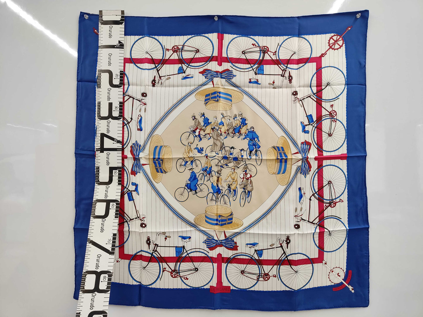 HERMES Silk Carré 90 LES BECANES Bicycle Pattern Scarf in White, Blue, and Red with Gift Wrapping