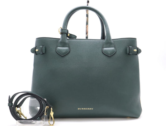 BURBERRY Leather and Canvas Nova Check Green Handbag with Shoulder Strap and Poignier