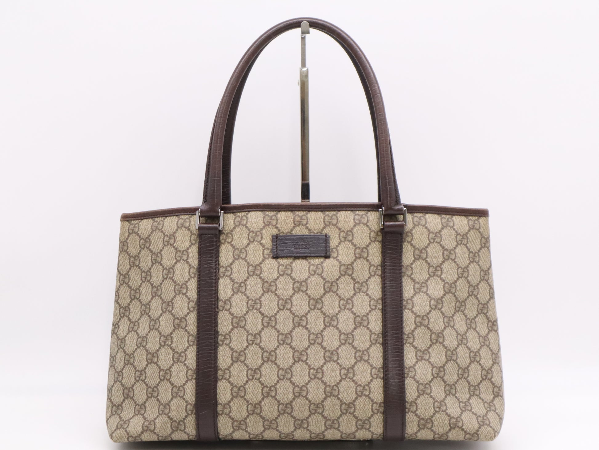 GUCCI 114595 Canvas and Leather GG Supreme Tote Bag in Beige and Brown with Silver Hardware