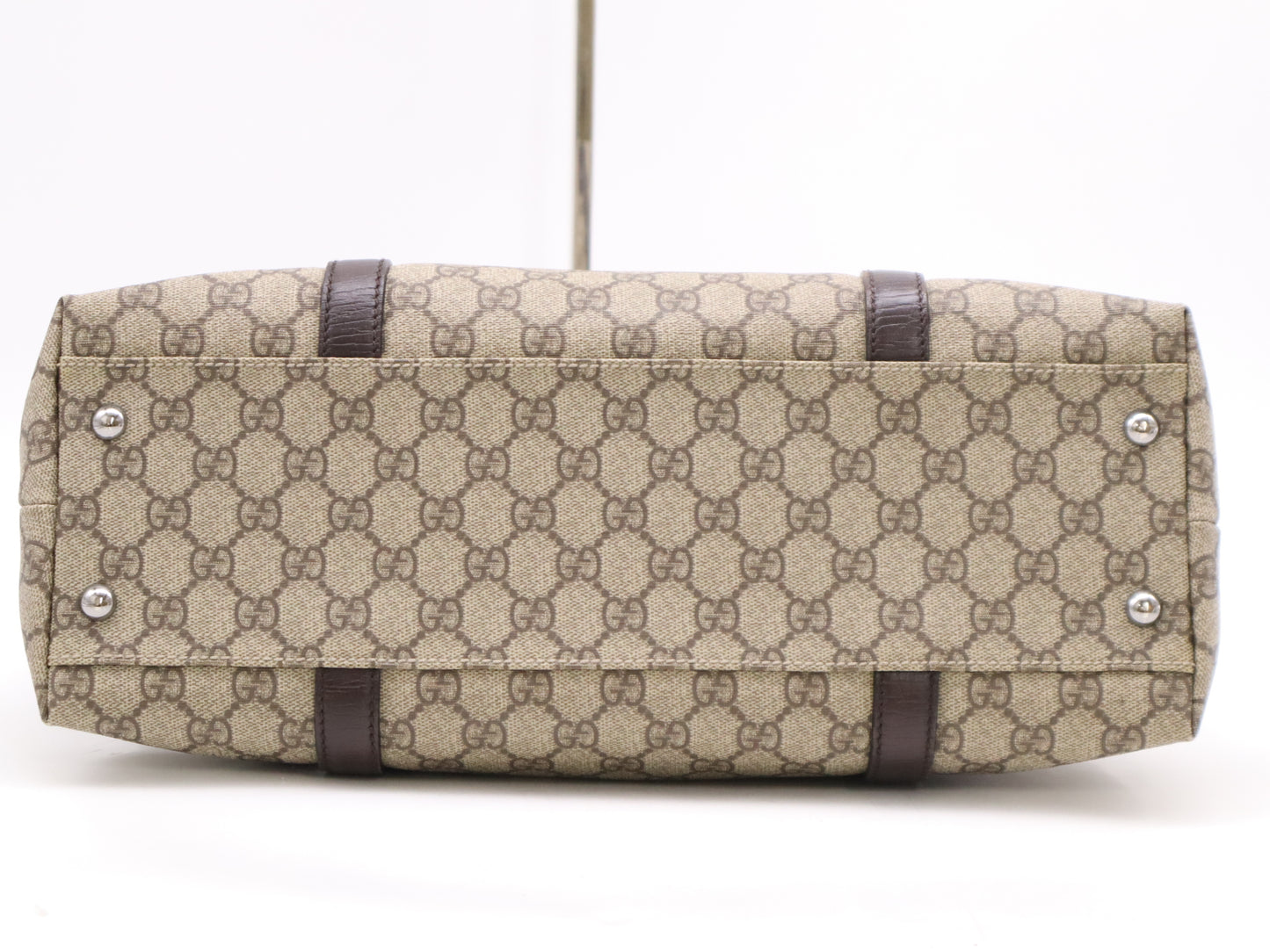 GUCCI 114595 Canvas and Leather GG Supreme Tote Bag in Beige and Brown with Silver Hardware