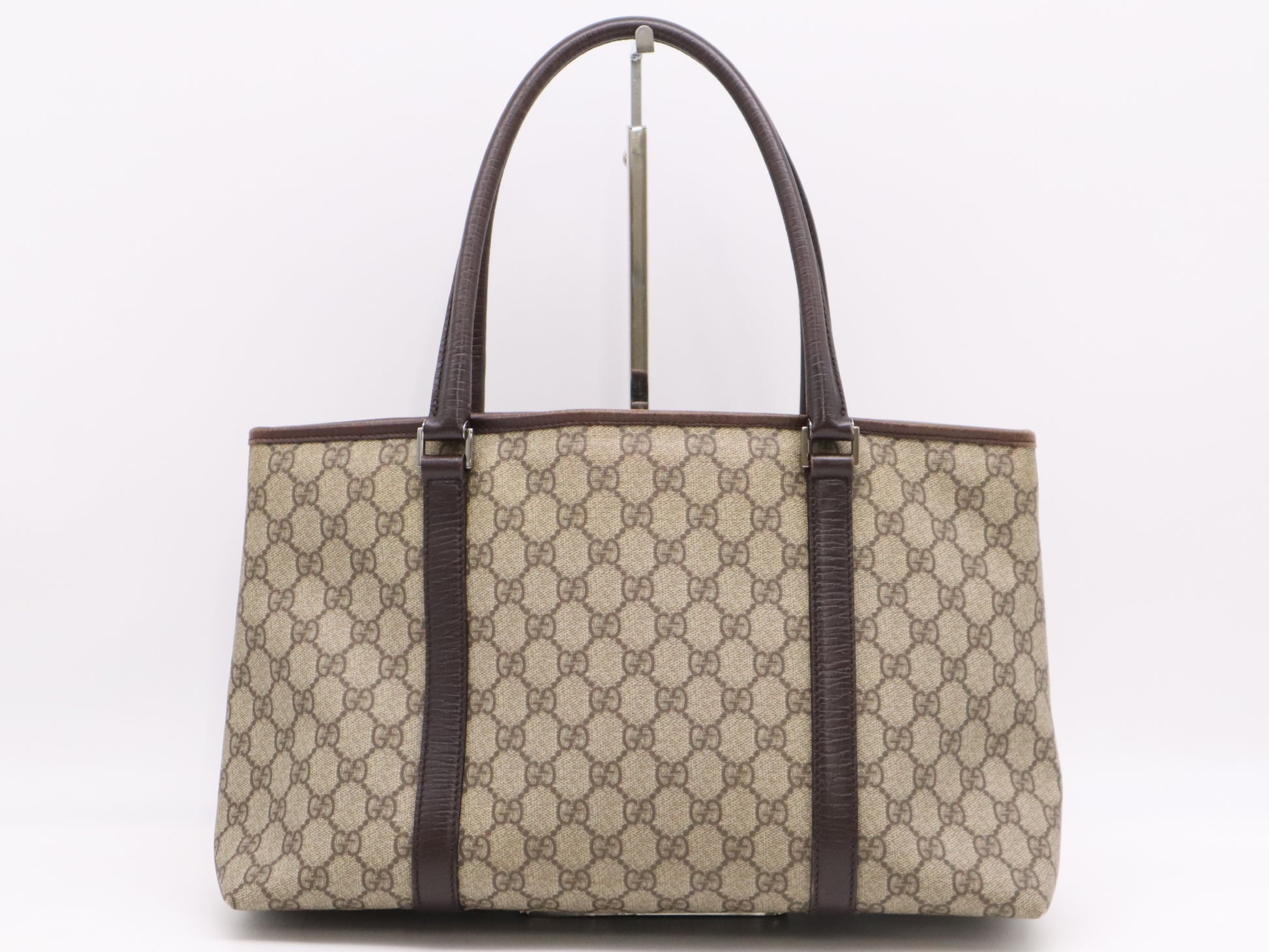 GUCCI 114595 Canvas and Leather GG Supreme Tote Bag in Beige and Brown with Silver Hardware