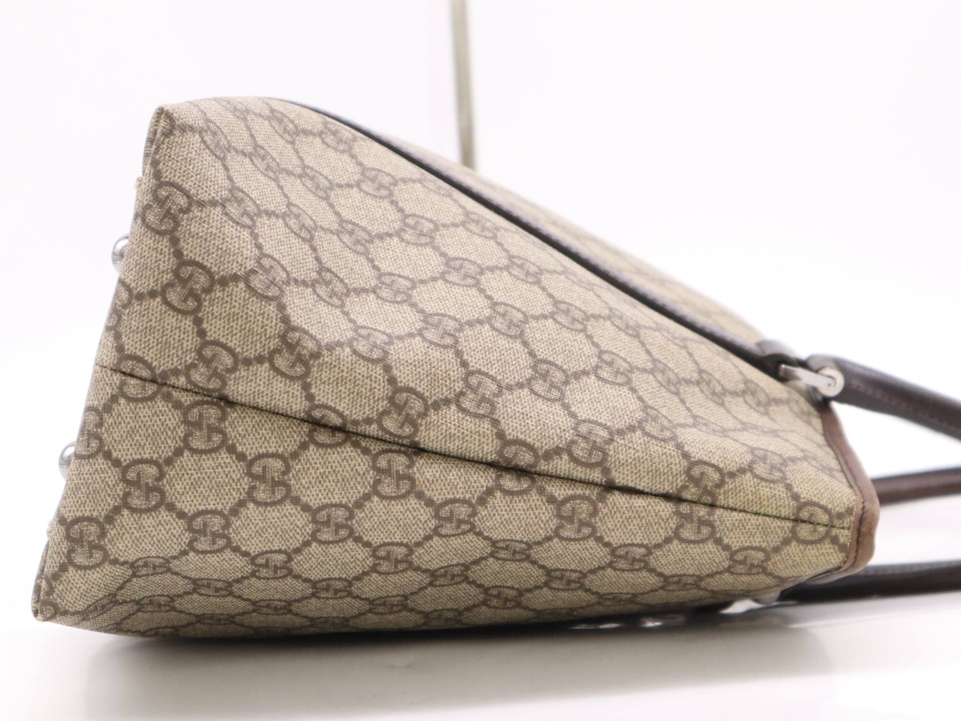 GUCCI 114595 Canvas and Leather GG Supreme Tote Bag in Beige and Brown with Silver Hardware