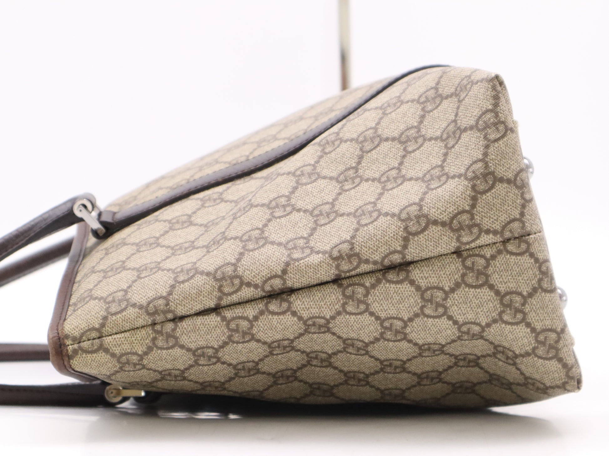 GUCCI 114595 Canvas and Leather GG Supreme Tote Bag in Beige and Brown with Silver Hardware