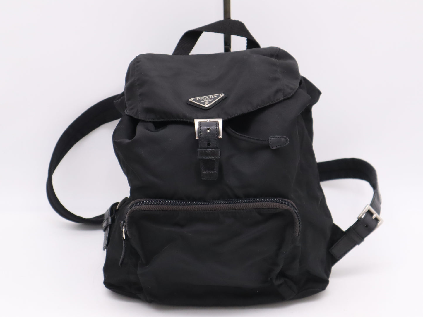 PRADA Nylon and Leather Triangle Logo Backpack in Black with Silver Hardware