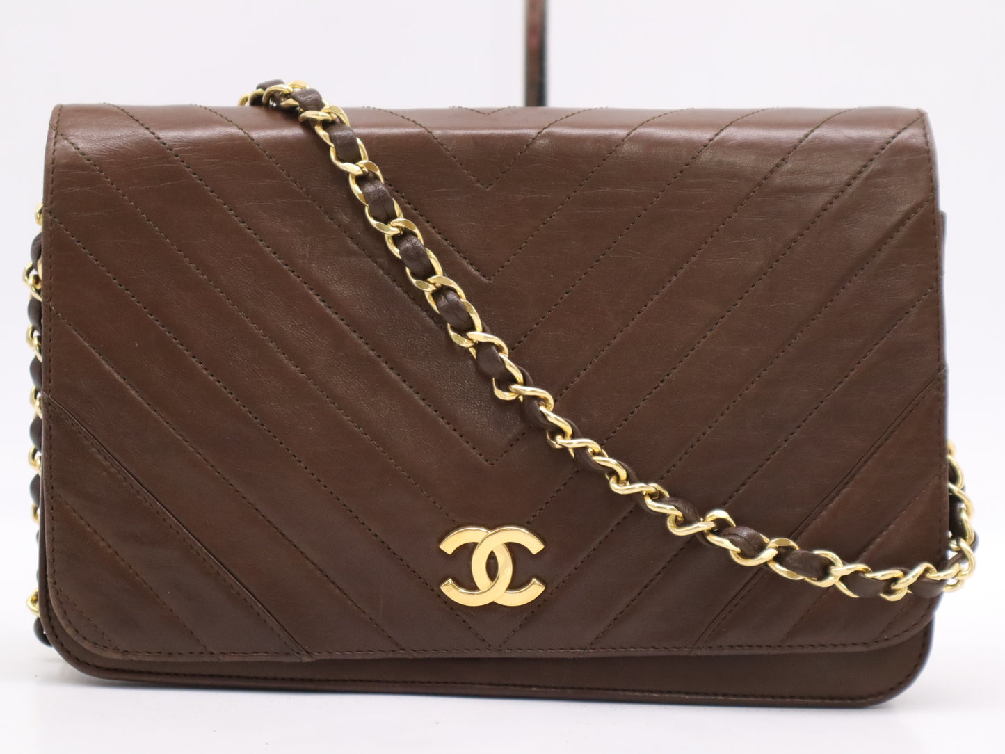 CHANEL Leather V-Stitch Full Flap Chain Shoulder Bag Brown with GD Hardware