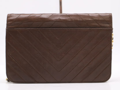 CHANEL Leather V-Stitch Full Flap Chain Shoulder Bag Brown with GD Hardware