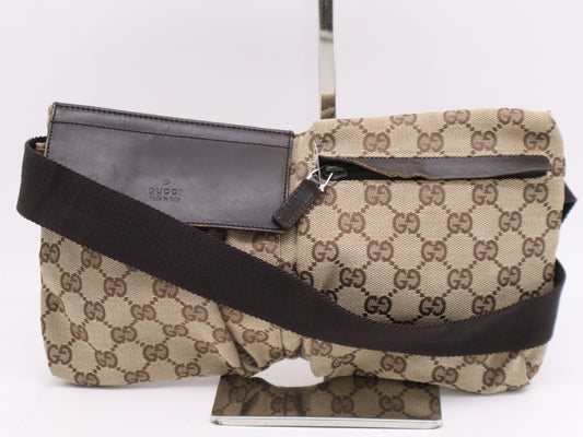 GUCCI 28566 Canvas/Leather GG Canvas Beige/Brown Body Bag with Silver Hardware, Waist Bag