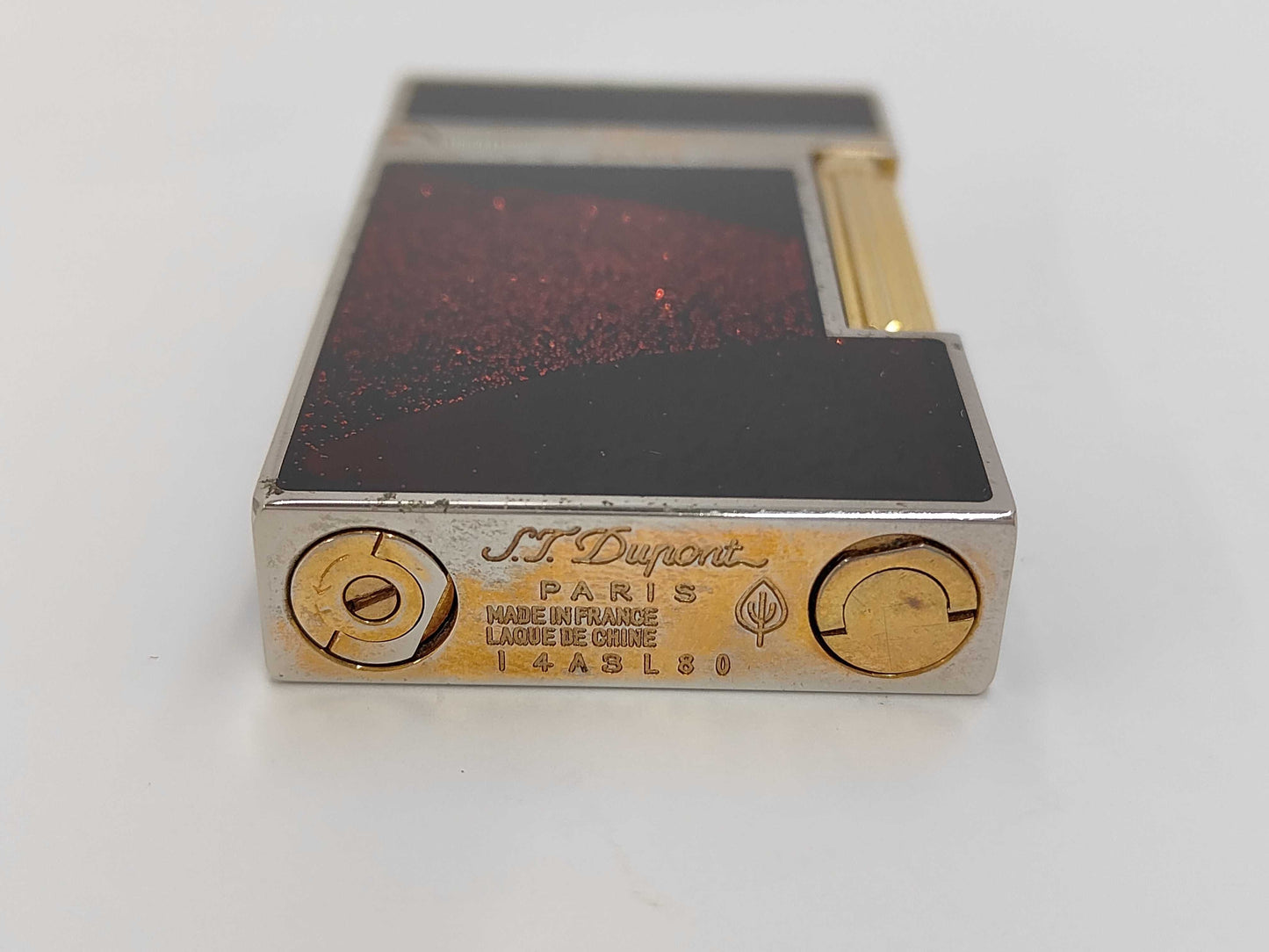 S.T. DuPont D-Line Lighter, Reddish-brown Lacquer, Glitter, Gold, Box and Case Included