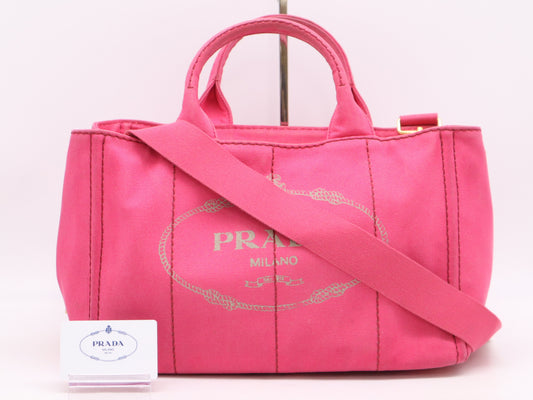 PRADA Canvas Canapa Tote #M Pink with GD Hardware, Shoulder Strap, and Guarantee Card