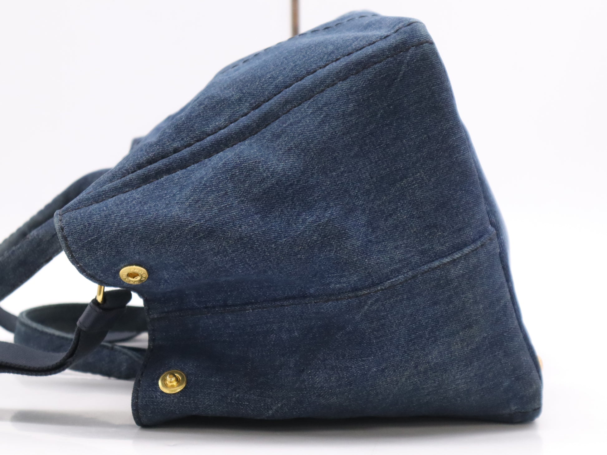 PRADA Denim Canapa MM Tote Bag in Navy with Shoulder Strap and Guarantee Card