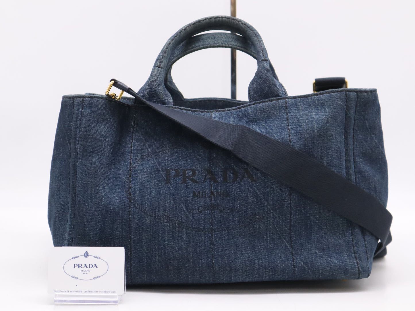 PRADA Denim Canapa MM Tote Bag in Navy with Shoulder Strap and Guarantee Card