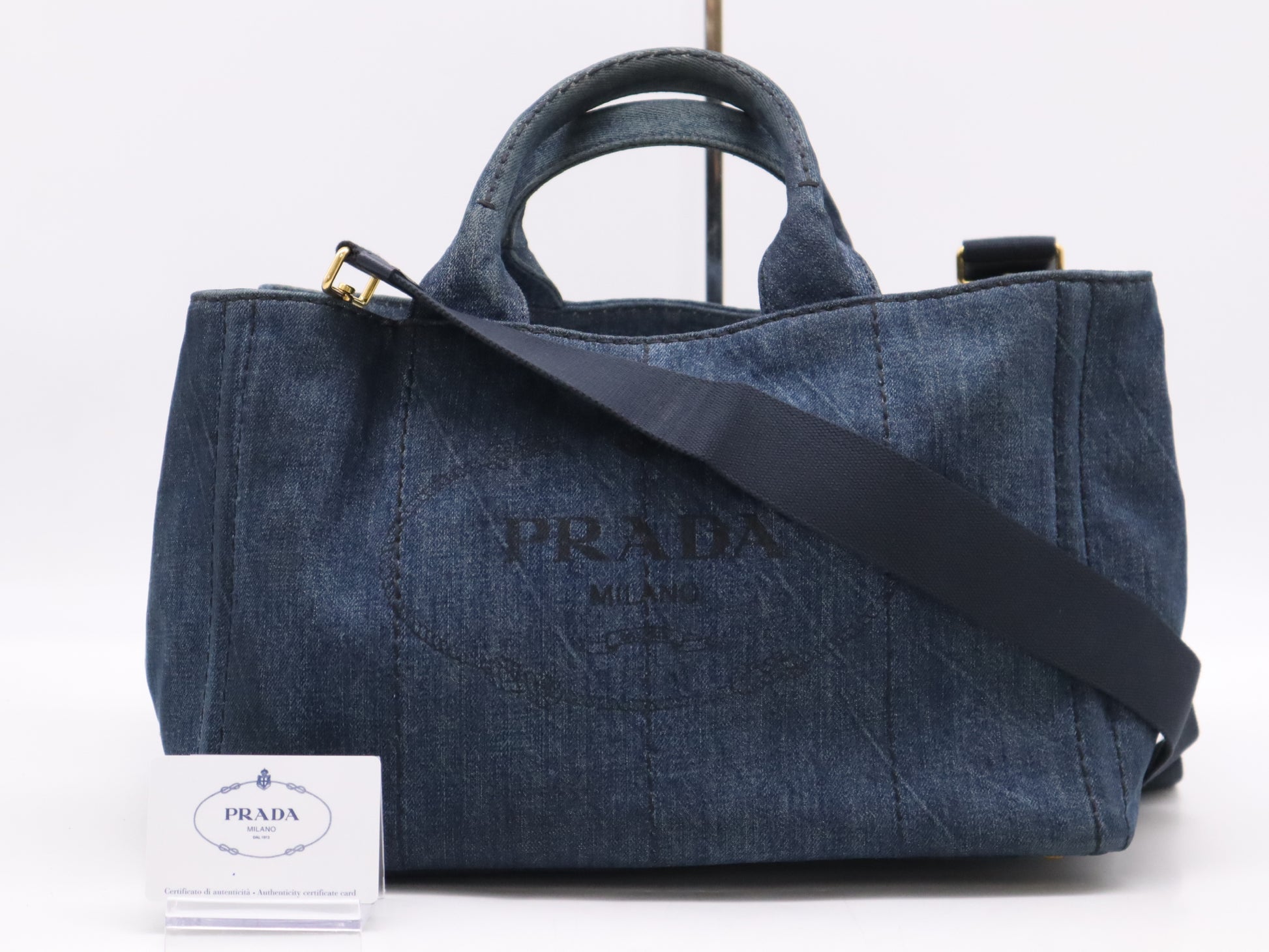 PRADA Denim Canapa MM Tote Bag in Navy with Shoulder Strap and Guarantee Card