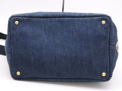 PRADA Denim Canapa MM Tote Bag in Navy with Shoulder Strap and Guarantee Card