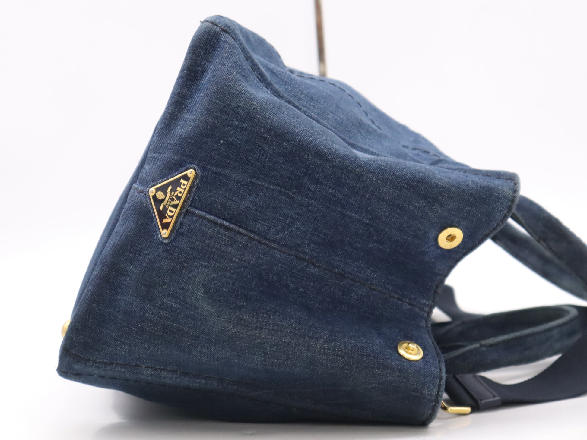 PRADA Denim Canapa MM Tote Bag in Navy with Shoulder Strap and Guarantee Card