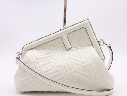FENDI Leather First Midi White Denim Bag with Shoulder Strap