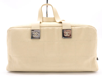 CHANEL Canvas/Leather Chocolate Bar Handbag, Beige, with Silver Hardware Seal, 8810611