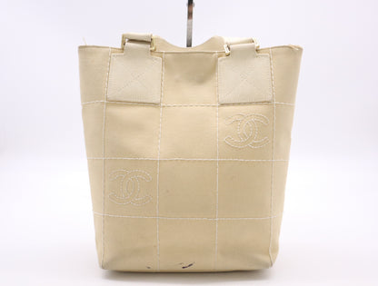 CHANEL Canvas Chocolate Bar Stitched Coco Mark Handbag, Beige, GD Hardware, Seal, 8243423 Handbag
